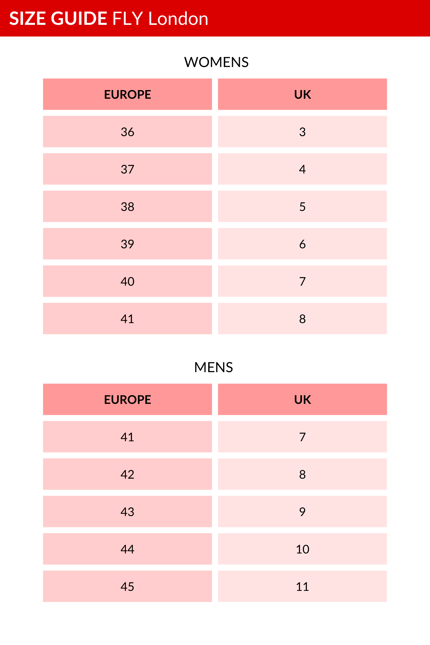 FLY London Size Guide